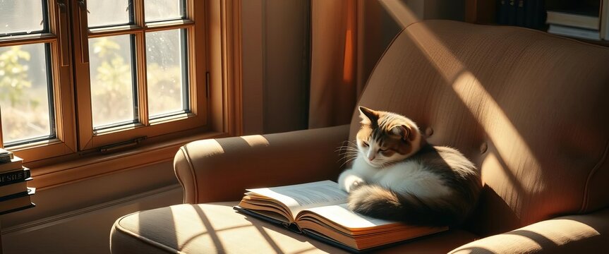 Sunlight streams through window onto books & cat curled on comfy chair, books, warm