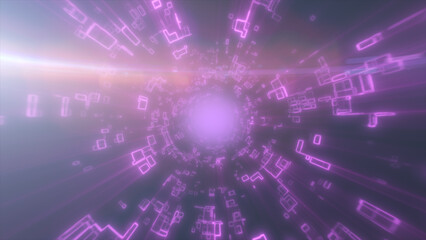Soft pastel pink holographic tunnel with gentle glowing digital fragments drifting toward the light