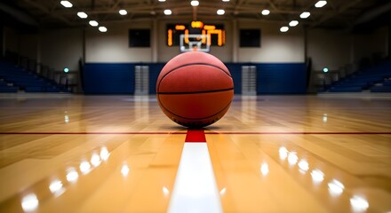Basketball court with basketball equipment on wooden floor indoor game sport playing match competition exercise team tournament score fitness recreation hobby