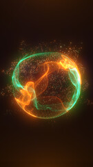 Glowing orange and green energy sphere made of shimmering particles and waves on a dark background