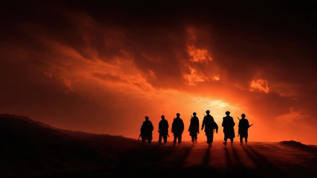 Silhouetted figures walk on a ridge with a dramatic, fiery sky. Intense reddish orange