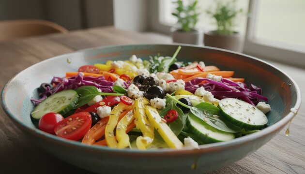 A vibrant and colorful fresh salad with various vegetables, olives, and feta cheese in a large bowl on a wooden table.