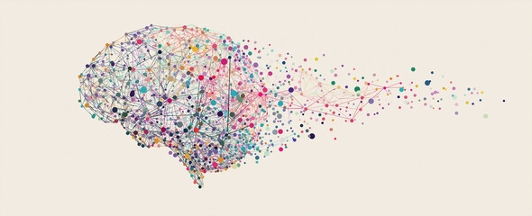 Abstract Human Brain with Neural Connections and Colorful Data Points on White Background
