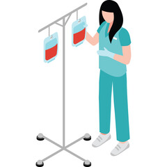 Medical Professional Adjusts IV Bags on Stand While Wearing Teal Scrubs and White Sneakers