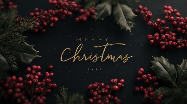 festive christmas 2025 design with holly berries and elegant typography