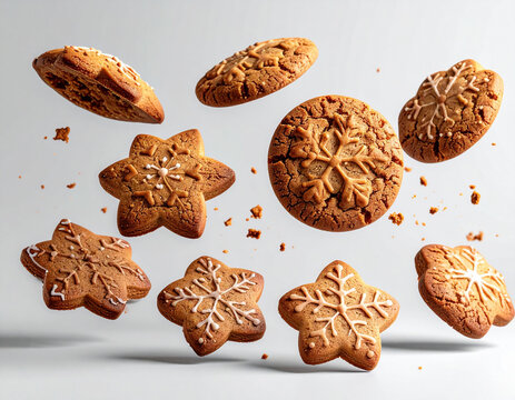 Delicious gingerbread cookies of various shapes and sizes appear to float against a plain background.