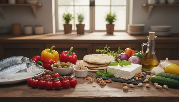 A vibrant spread of fresh Mediterranean diet ingredients including fish, vegetables, cheese, nuts, and olive oil on a rustic kitchen counter.