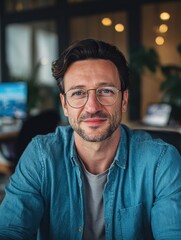 Obraz premium happy caucasian businessman in glasses talking to camera at work by video call conference financial advisor executive consulting client remotely online in modern office looking at camera webcam view 