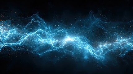 Abstract Visualization with Blue Energy Flow, Orange Particles, and Starburst on Black Background for Modern Digital Art with Atmospheric Depth