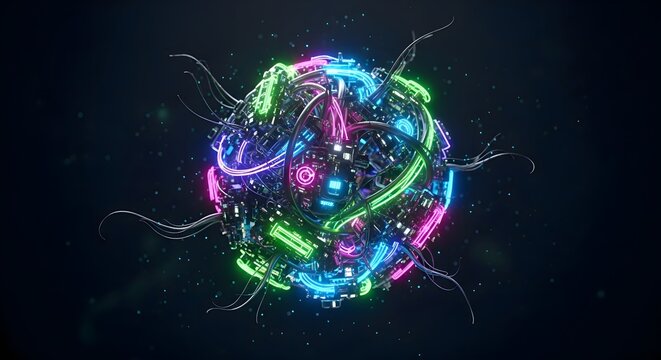 Abstract Technological Orb with Neon Lines and Futuristic Design in Space