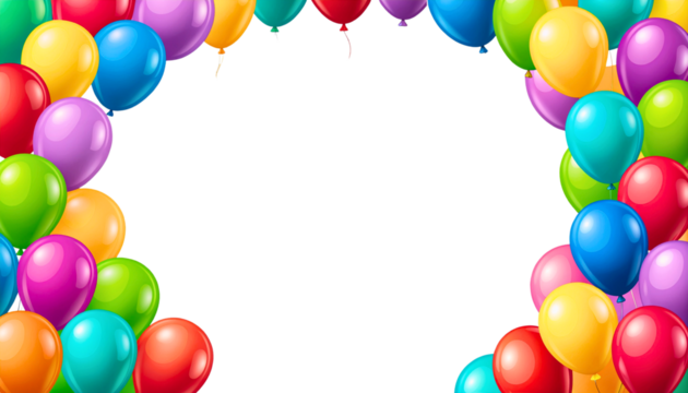 Frame with colorful balloons, copy space, text space, isolated on a white transparent background PNG