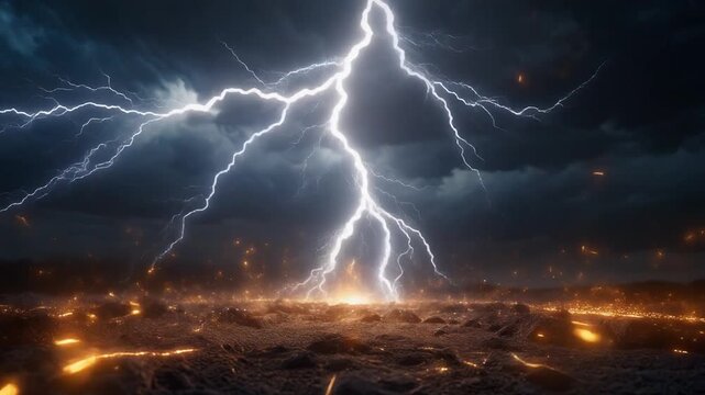 powerful white lightning bolt hitting the ground with bright radiant flare