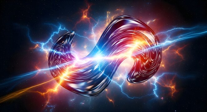 Dynamic abstract energy flow with a sleek metallic infinity symbol, surrounded by glowing electric lightning bolts and vibrant plasma discharges in a dark, mysterious space