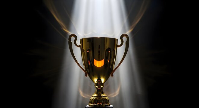 Golden trophy illuminated by spotlight signifies achievement success recognition accomplishment victory award prize celebration and high performance symbolism