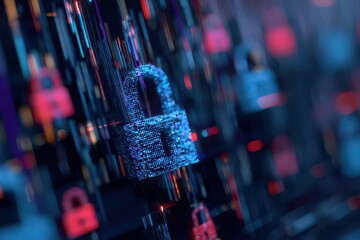 Digital Data Security and Protection Concept of Padlock with Blue Neon Light Effect in Dark Background