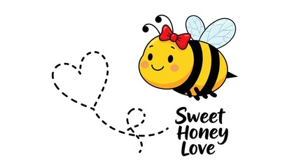 Adorable bumble bee with red bow creating a heart trail offers sweet honey love, perfect for Valentine's Day cards or spring themed promotions