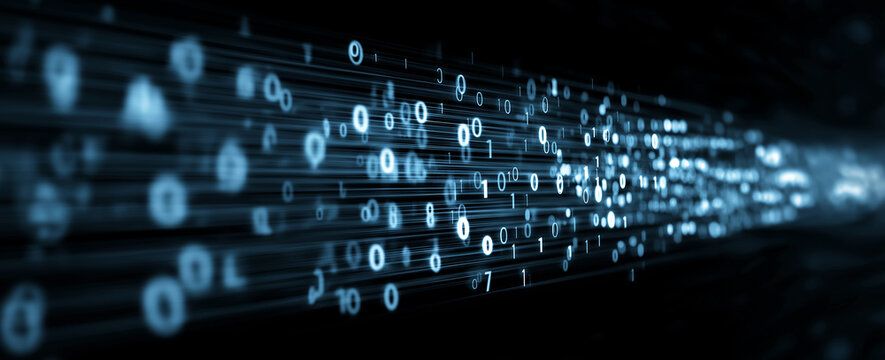  Glowing Blue Binary Data Stream on Dark Background - Powered by Adobe
