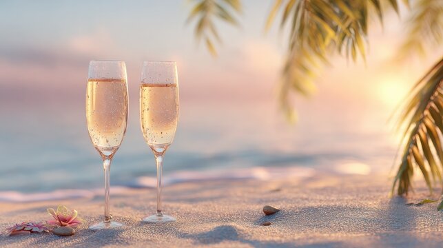 two champagne glasses on a tropical beach at sunset - Powered by Adobe