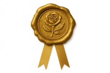 Golden wax seal with a relief rose design and ribbon, signifying quality, award, and certificate, on transparent background