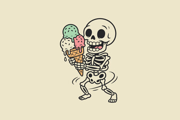 A happy skeleton character is holding a melting ice cream cone w