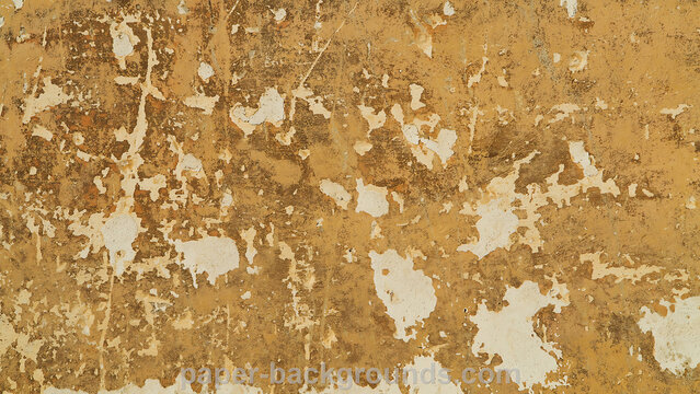 Distressed ochre plaster with peeling paint for authentic vintage textures, ideal for artistic backgrounds, grungy designs, and weathered surface simulations