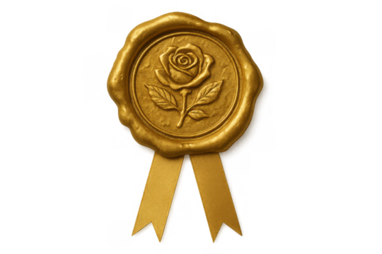 Golden wax seal with a relief rose design and ribbon, signifying quality, award, and certificate, on transparent background