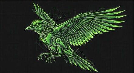 Mechanical avian creature with glowing green detailing is depicted mid-flight against a dark background