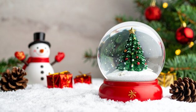Snow globe with Christmas tree, snowman, gifts, pinecones, and festive decorations