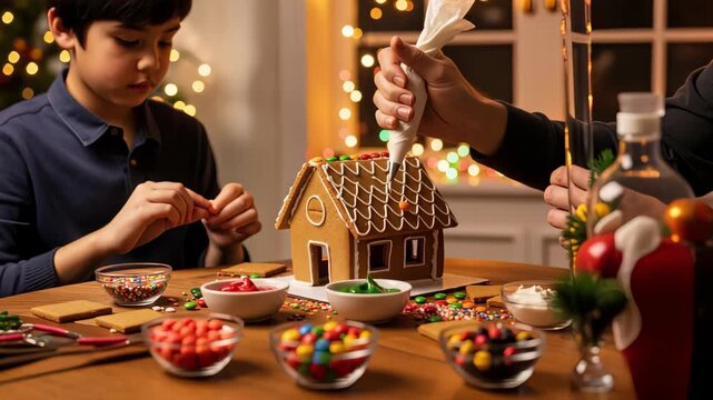 Hands piping icing onto gingerbread cookies, creating delicate snowflake patterns for holiday treats. Gingerbread cookies are artfully decorated with icing.