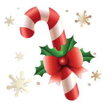 Realistic Christmas candy cane isolated on white background. Vector illustration. Merry Xmas 3d icon for poster, banner or holiday invitation
