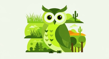 Obraz premium Stylized illustration of a bright green owl set against layered natural scenery