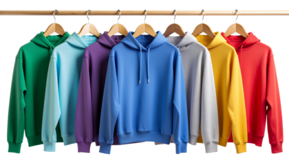 Row of colorful hoodies on hangers, perfect for casual wear on transparent background, winter collection