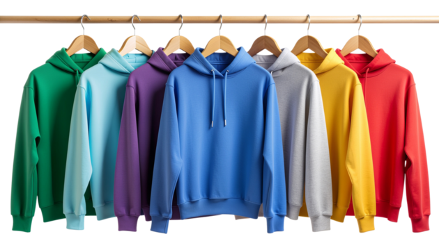 Row of colorful hoodies on hangers, perfect for casual wear on transparent background, winter collection