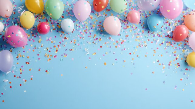 topdown view of birthday party decorations on light blue background colorful balloons and confetti scattered on left side festive celebration setting for product photography