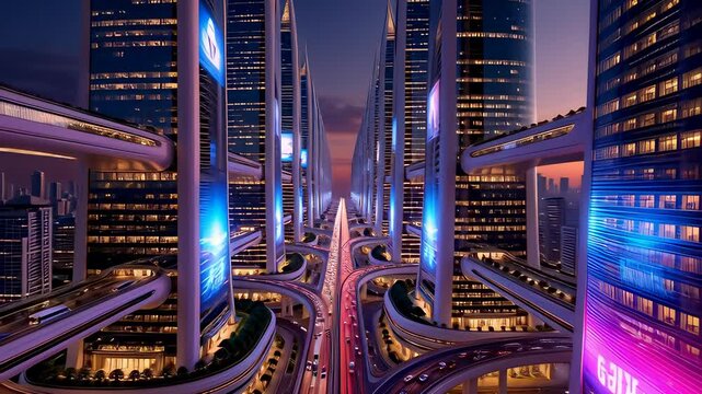 Futuristic megalopolis skyline transitioning from sunset to night with glowing traffic lights on multilevel highways, rendered as a cinematic 3D animation for sci-fi concepts