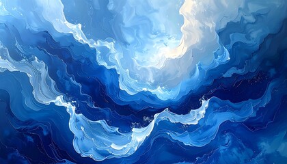 Abstract aerial view of swirling ocean waves with textured brush strokes in various shades of blue and white