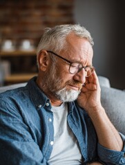 Fototapeta premium side view of senior man with symptom of hearing loss mature man sitting on couch with fingers near ear suffering pain no logos no brands ar 34