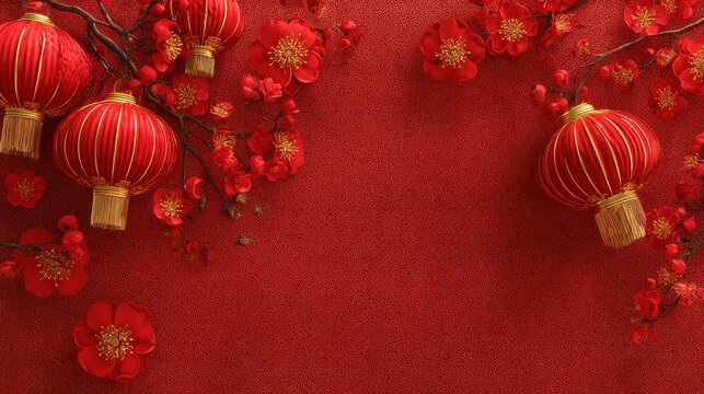 2024 chinese new year banner copy space top view background with golden and red theme of asian lanterns and cherry blossoms on red background festive greeting celebrating season concepts - Powered by Adobe