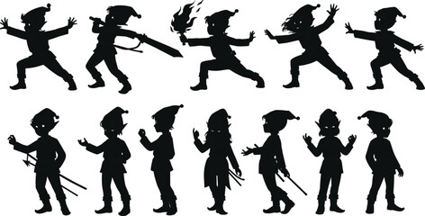 Fantasy elf character silhouettes in dynamic fighting and magic poses, vector illustration of fantasy warrior elves, adventure game design concept for animation and illustration art © Hey there