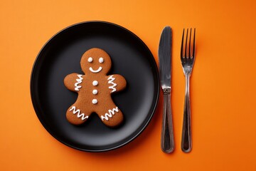 A gingerbread man rests on a black plate next to a knife and fork on an orange background