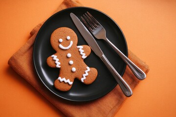 A gingerbread man on a black plate with a fork and knife atop an orange cloth on an orange surface