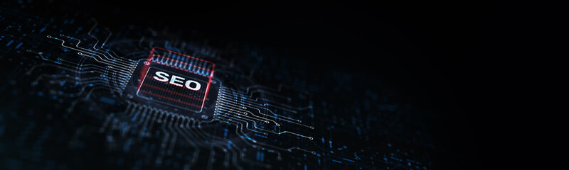 SEO Search Engine Optimization Enhancing Online Visibility Illustrated on a Processor Touched by a Human Hand.