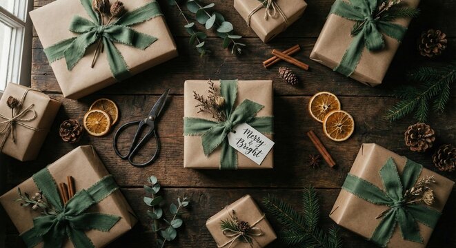 Rustic Christmas Gift Wrapping Flatlay with Natural Decorations - Powered by Adobe