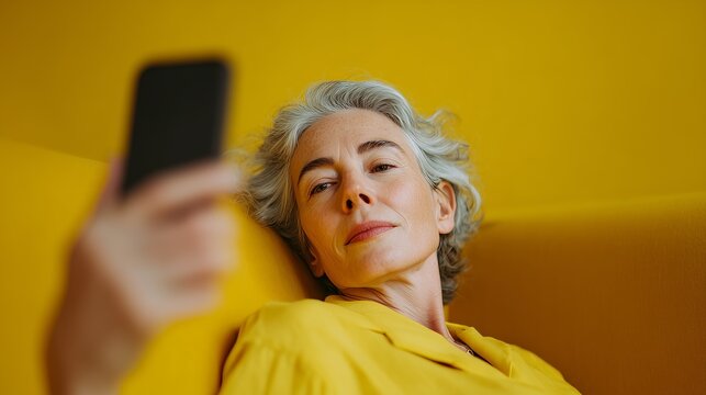 Confident older woman capturing a selfie while relaxing on a vibrant yellow couch, embodying modernity and self-expression.