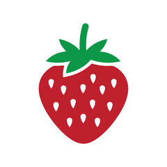 A simple red strawberry fruit icon with green leaves, a classic symbol of summer, healthy eating, and sweet dessert, isolated on a white background