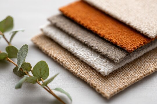Soft fabric swatches in various earthy tones create warm, inviti