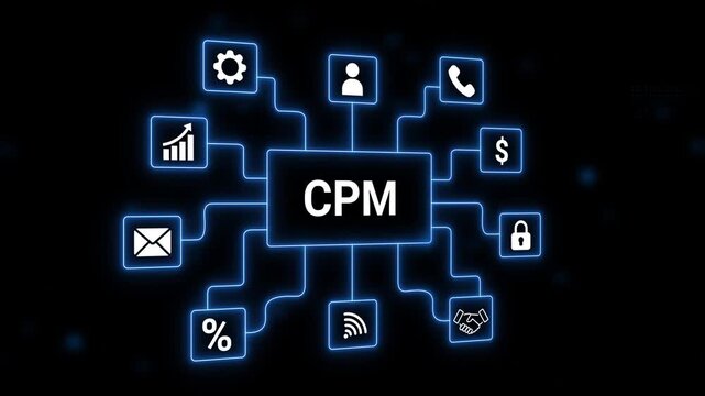 Digital CPM advertising model diagram with connected icons on dark background Cost Per Mille Cost Per Thousand Impressions