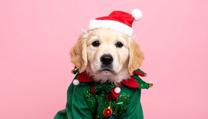 Golden retriever puppy in elf costume with Santa hat on pink background