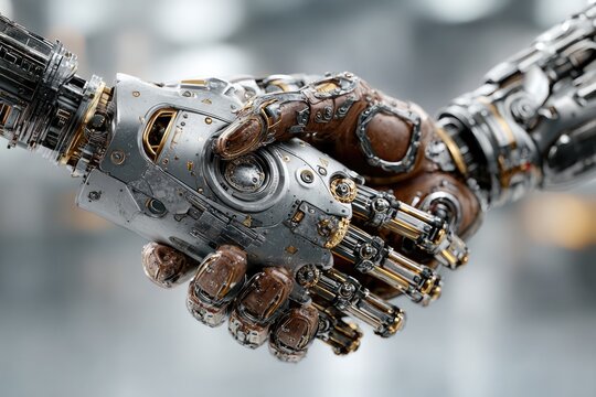Handshake between two robotic hands symbolizes collaboration and