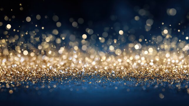 golden glitter and bokeh falling onto a dark blue background festive and elegant perfect for new years eve birthdays or special events